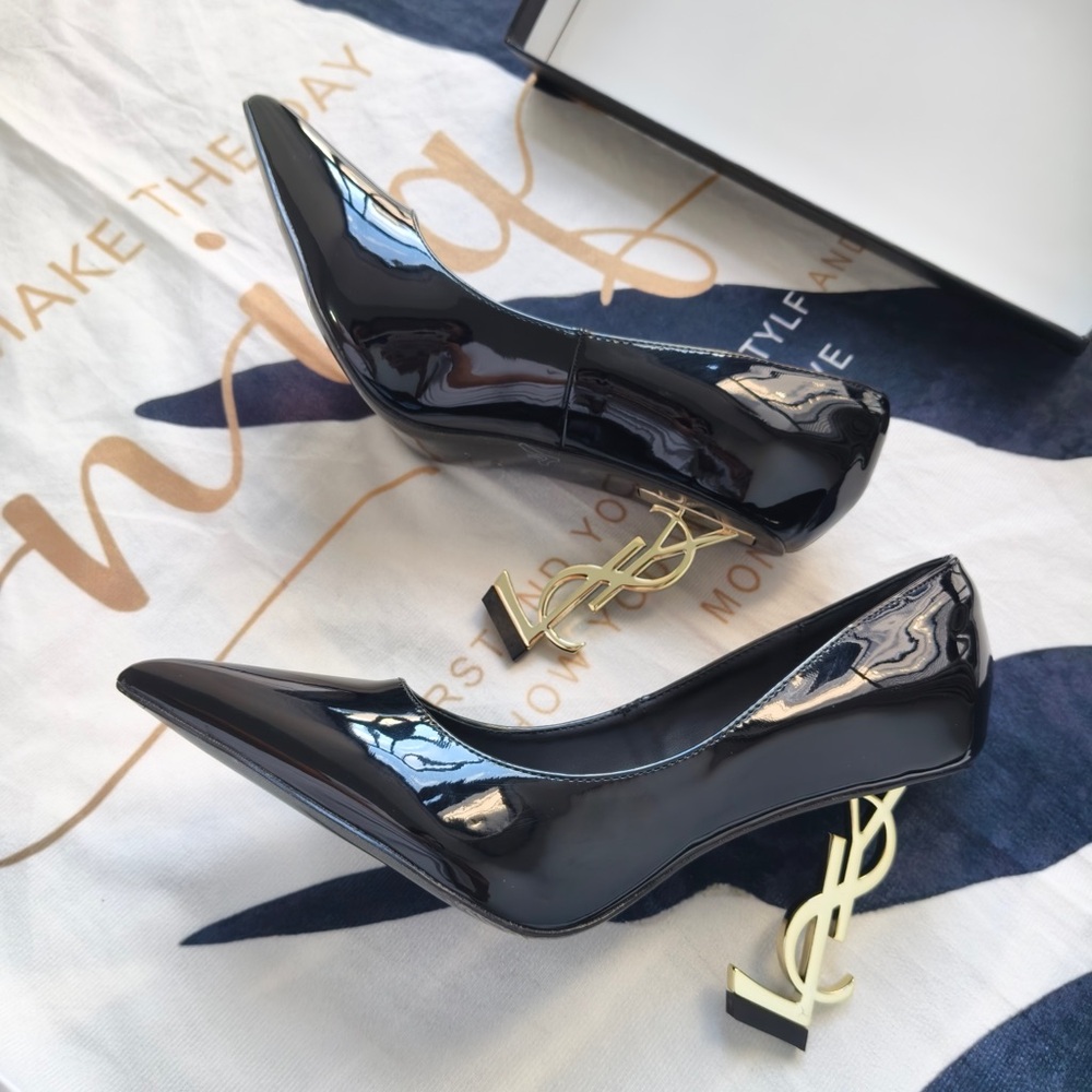 Saint Laurent Black Patent Pointed-Toe Heels with Gold YSL Logo Heel - Picture 2 of 12
